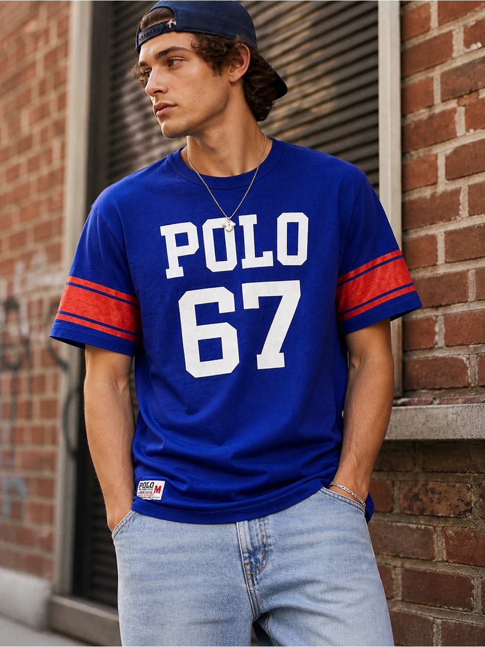 Ralph Lauren Polo 67 Royal Blue Tee with Red Sleeve Stripes